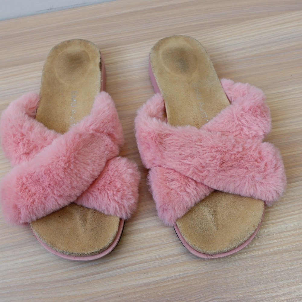 EMU Australia Slippers Womens 4 Pink Faux Fur Cross Slide Plush Mareeba Teens